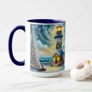 Mug Phare de Noël Arbre Nautique Bleu Côtier