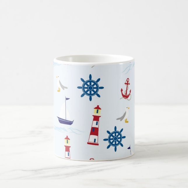 Mug Phare nautique, Ancre, Roue, Mouette & Bateau (Centre)