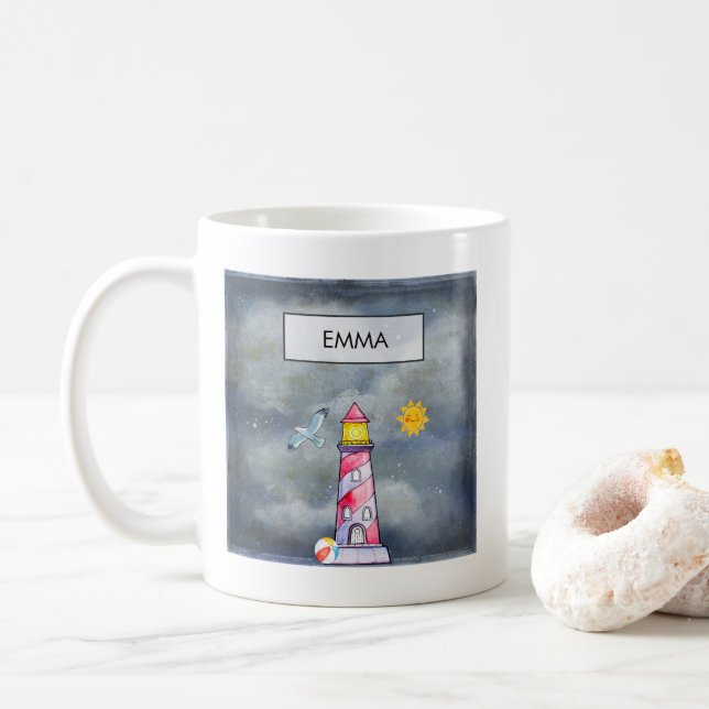 Mug Phare rouge avec un Arrière - plan Stormy personna (Avec donut)