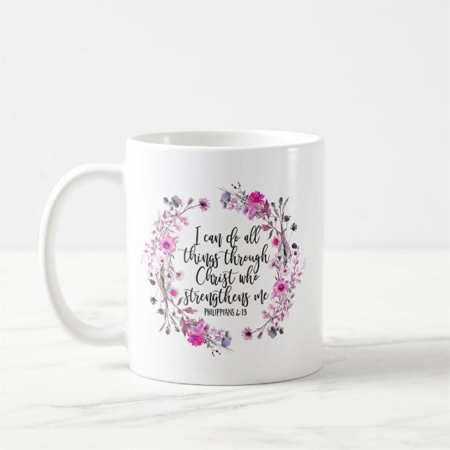 Mug Philippiens 4:13 Écriture biblique rose et violet (Gauche)