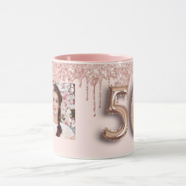 Mug photo 50e anniversaire rose rose gouttes d'or rose (Centre)