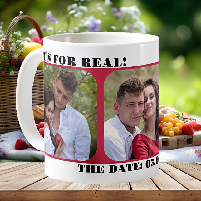 Mug photo avec date de sauvegarde simple moderne (Save the Date photo mug featuring your own photos on a simple design)