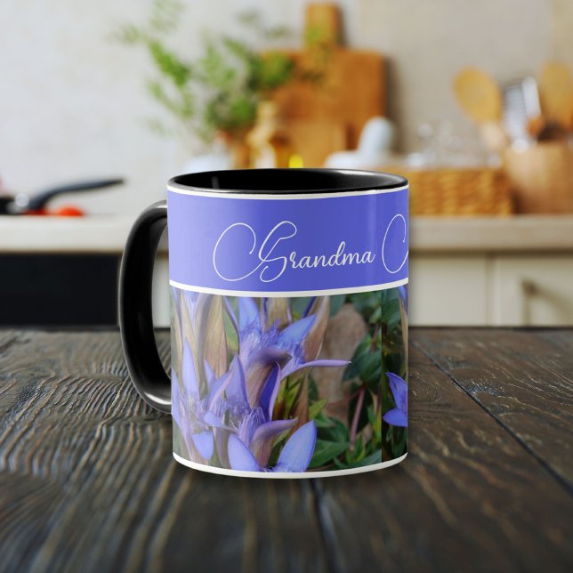 Mug Photo Blue Gentian (Blue Gentian wildflower with personalized name in a modern design.)