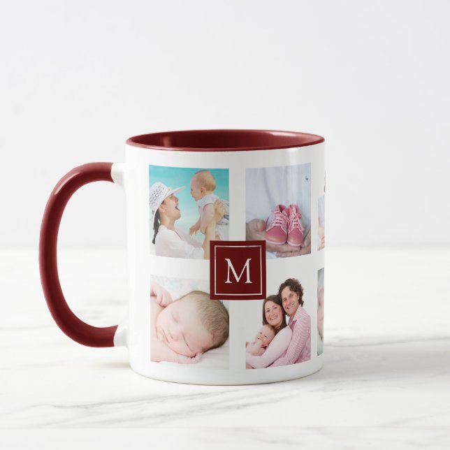 Mug Photo Collage personnalisé 10 Maroon Monogramme Mu (Gauche)