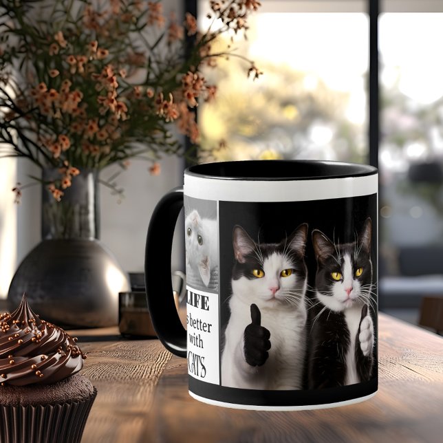 Mug Photo d'Amoureux des chats noir et blanc (Template mug for 4 of your custom photos (or cat images) on a black and white design - cat lover)