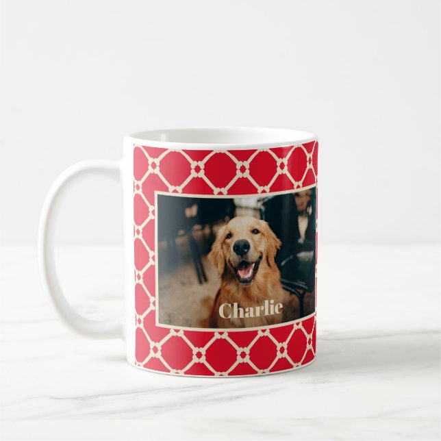 Mug Photo de chien et nom Red Diamond Checker Motif (Gauche)