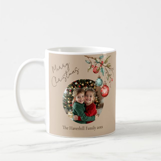 Mug Photo moderne Aquarelle Ornements Noël Beige (Gauche)