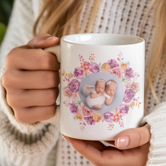 Mug photo personnalisée aquarelle cadre floral