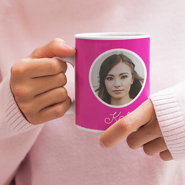 Mug Photo personnalisée et nom monogrammé rose chaud (Créateur téléchargé)