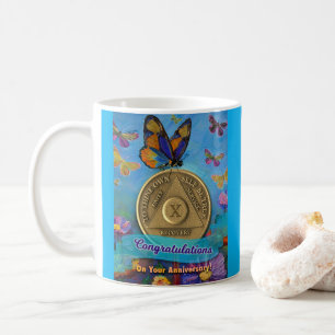 Mug Pièce de 10 ans de Sobriété Félicitations Papillon