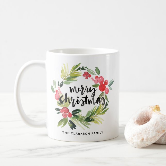 Mug Pin d'aquarelle et Wreath Holly Photo de Noël (Avec donut)
