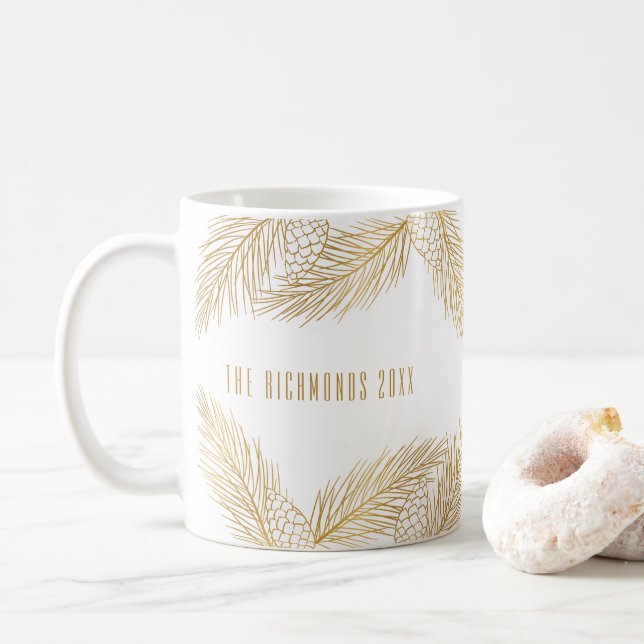 Mug Pinecones d'or et aiguilles de pin Noël (Avec donut)