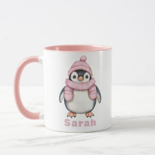 Mug Pingouin Casquette rose personnalisé Nom personnal
