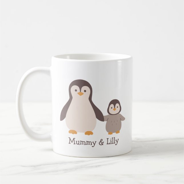 Mug Pingouin maman et bébé - Noms personnalisés mignon (Gauche)