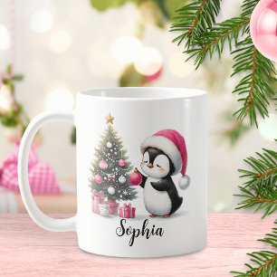 Mug Pingouin mignon Arbre de pin personnalisé rose