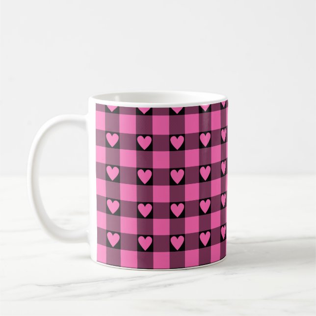 Mug Pink Black Buffalo Heart Plaid (Gauche)