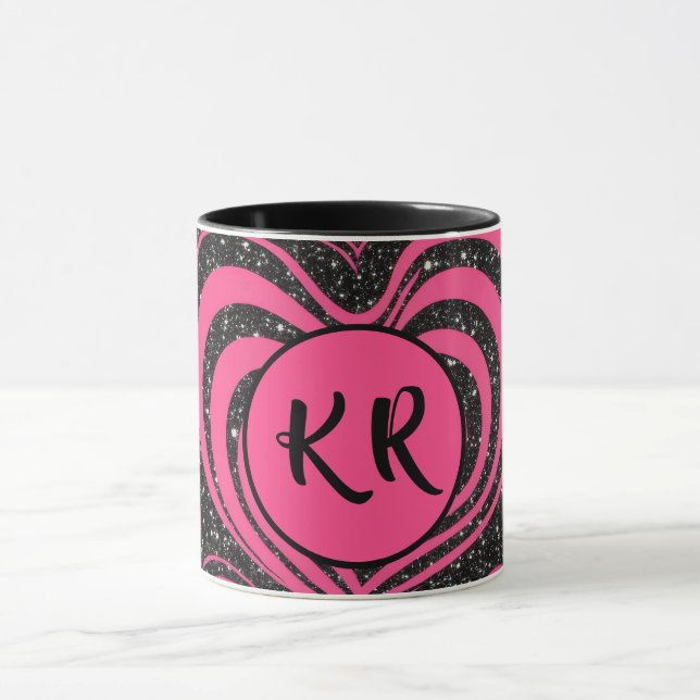 Mug Pink Black Glam Abstract Heart Monogram Initials (Centre)