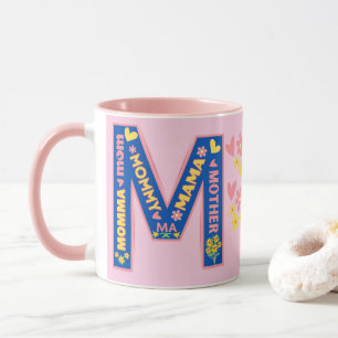 Mug Pink Bold Letter M Avec des moyens de dire Maman