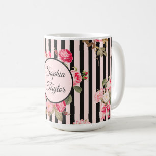Mug Pink Coquette Bow Roses Vintages Black Stripes