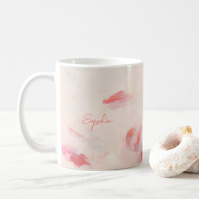 Mug Pink & Coral Art Abstrait Nom de la peinture (Avec donut)