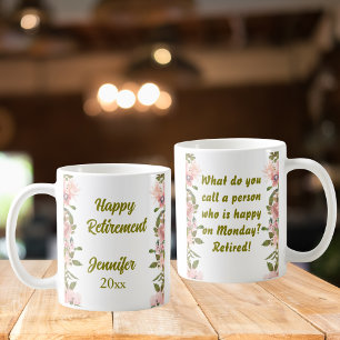Mug Pink Floral Greenery Happy Retirement cadeaux amus