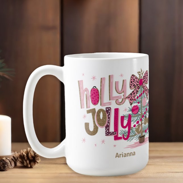 Mug Pink Gold Tree Holly Jolly Noël (Pink and leopard print "Holly Jolly" Christmas tree coffee mug)