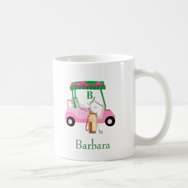 Mug Pink Green Fun Golf Panier avec Clubs Monogram (Droite)
