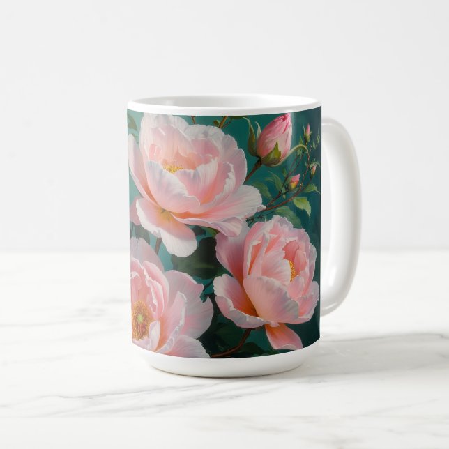 Mug Pink Peonies Artwork on Emerald Green (Devant droit)