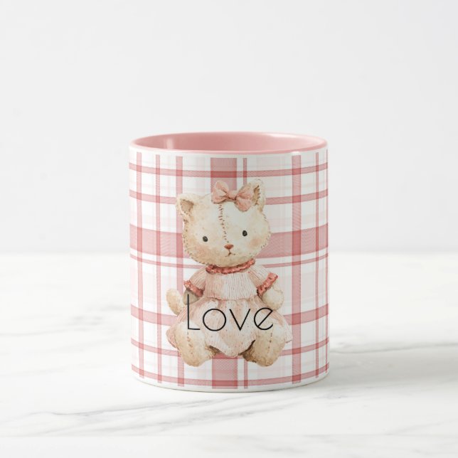 Mug Pink Plaid Stripes Cat (Centre)