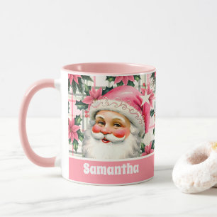 Mug Pink Retro Santa Claus Noël Floral Plaid