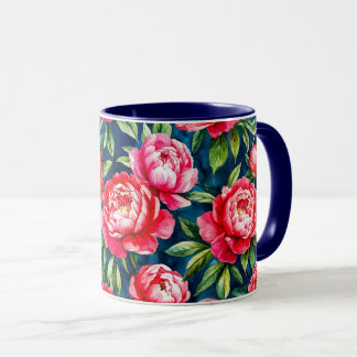 Mug Pivoines roses rouges & feuilles vertes motif bleu