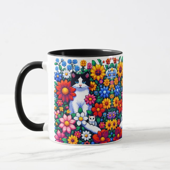 Mug Pixel Art Chat, chaton et fleurs (Gauche)
