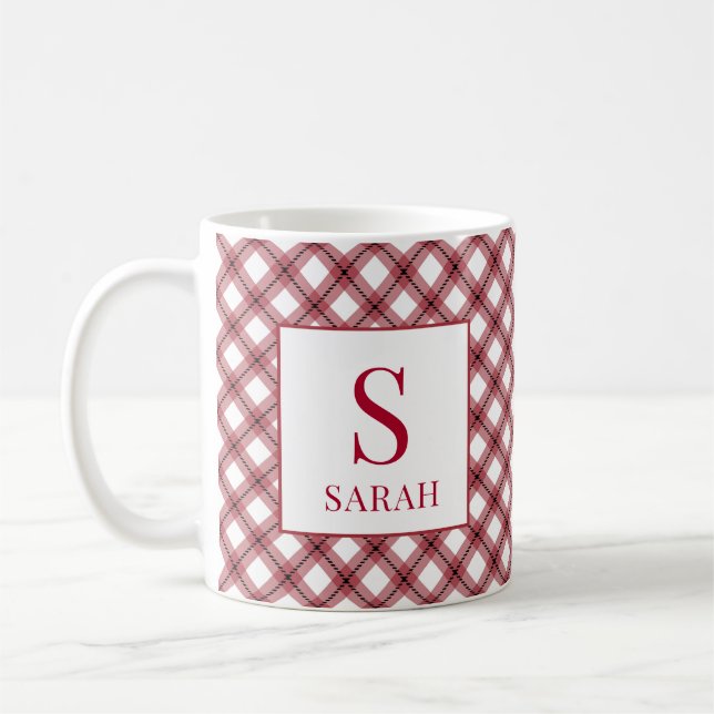 Mug Plaid Argyle Rouge Monogramme Nom (Gauche)