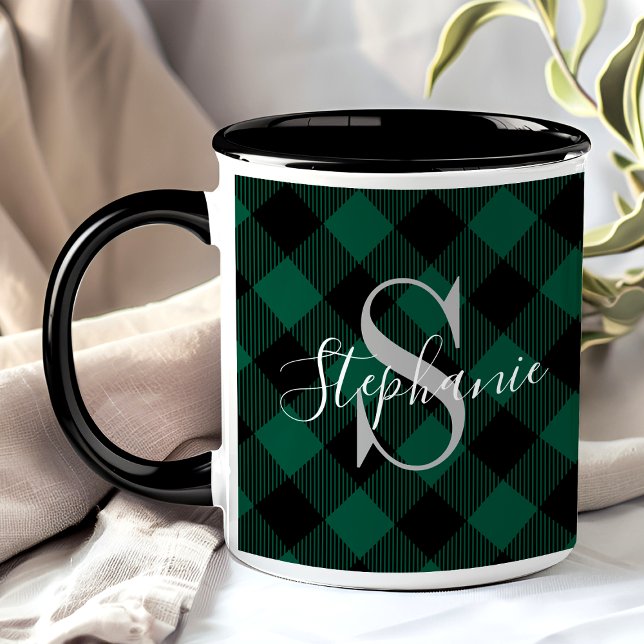 Mug Plaid Buffalo Vert Monogramme Nom (Créateur téléchargé)
