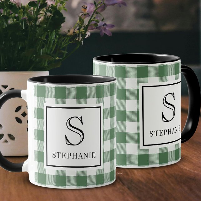 Mug Plaid Vert & Blanc Nom Monogramme Typographie Noir (Créateur téléchargé)