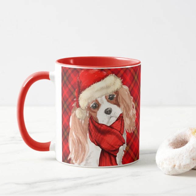 Mug Plaid with King Charles Spaniel Christmas Dog (Avec donut)