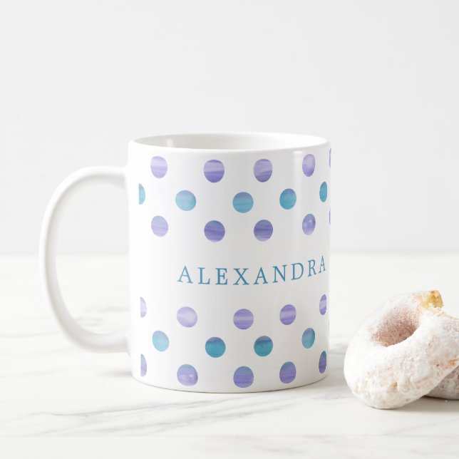Mug Pois d'aquarelle bleu et violet personnalisés (Avec donut)