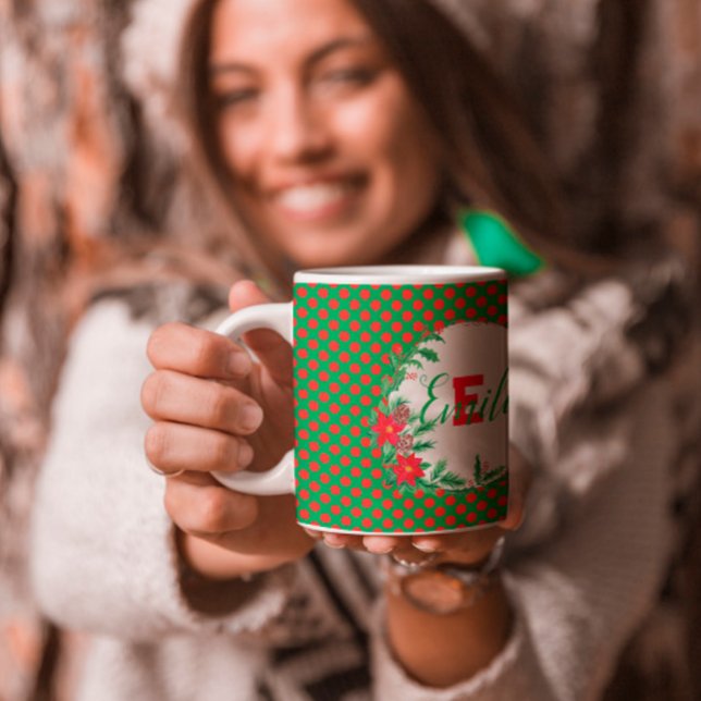 Mug pois rouge et vert Botanique sur mesure Monogramme (Créateur téléchargé)