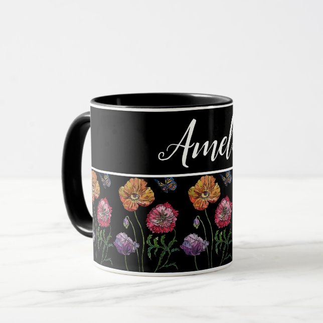 Mug Poppies de pavot Fleurs de fleurs rouges Chic Noir (Devant gauche)