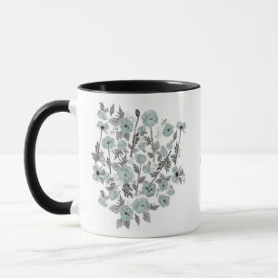 Mug Poppies Gris Bleu Aquarelle Fleurs Avec Nom