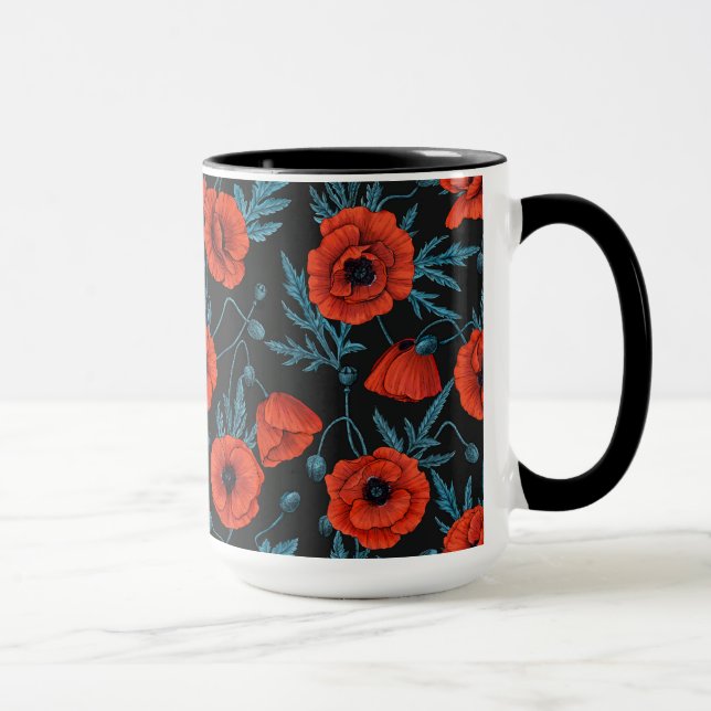 Mug Poppies, rouge et bleu sur noir (Droite)