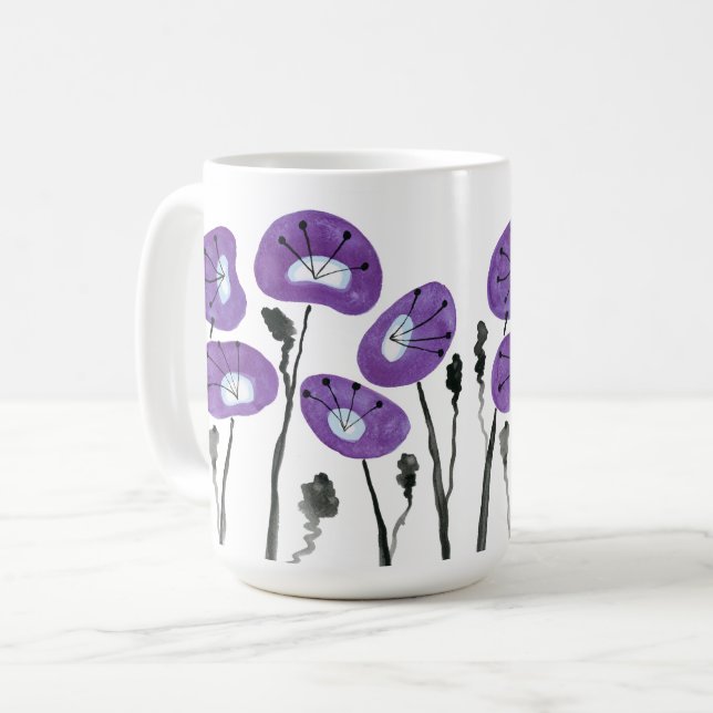 Mug Poppies violettes modernes Aquarelle Fleurs Thé et (Devant gauche)