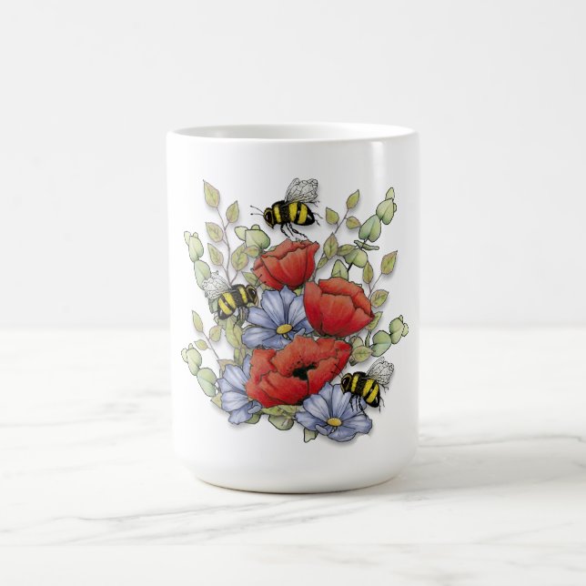 Mug Poppy Flowers and Bees Digital Drawing, Botanical  (Centre)
