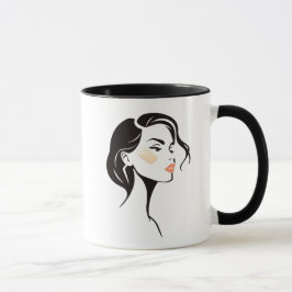 Mug portrait féminin, dessin visage minimaliste.