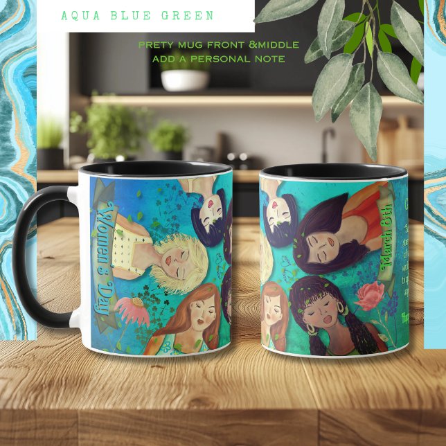 Mug Portraits de femmes de la Journée des femmes bleu  (Women's Day Woman Portraits Blue Green Mug)