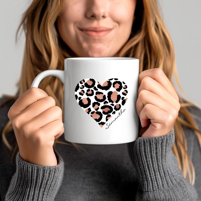 Mug Poster de animal Cheetah Leopard Motif Nom du coeu (Animal Print Cheetah Leopard Pattern Heart Name Coffee Mug)