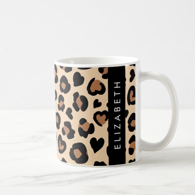 Mug Poster de animal, Léopard Brown, Coeurs, Votre Nom (Droite)