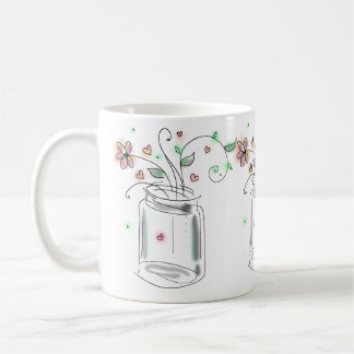 Mug Pot Mason avec Fleurs Moderne Mignon Art Doodle