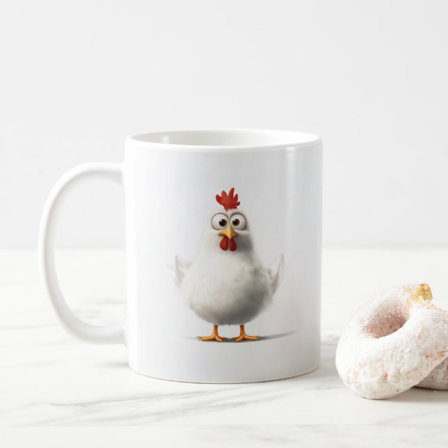 Mug Poulet de caricature adorable avec Plumes blanches (Avec donut)