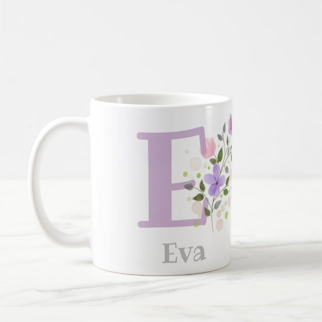 Mug Premier nom initial plus Eva avec fleurs (Gauche)